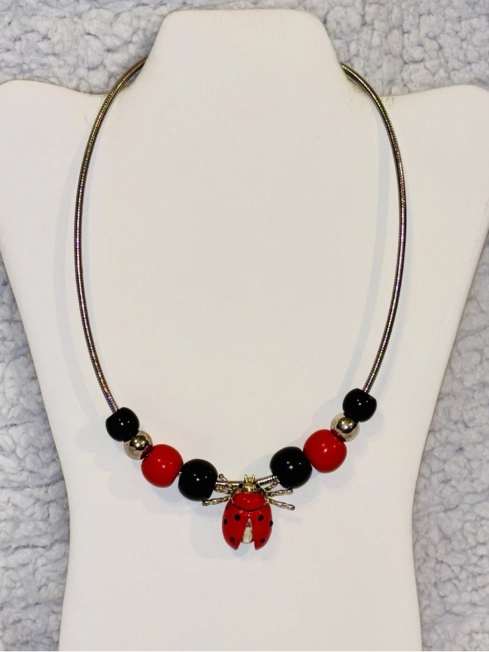 BEST Jewelry Co Silver Tone Necklace Ladybug Black Red Silver Tone Beads Brooch
